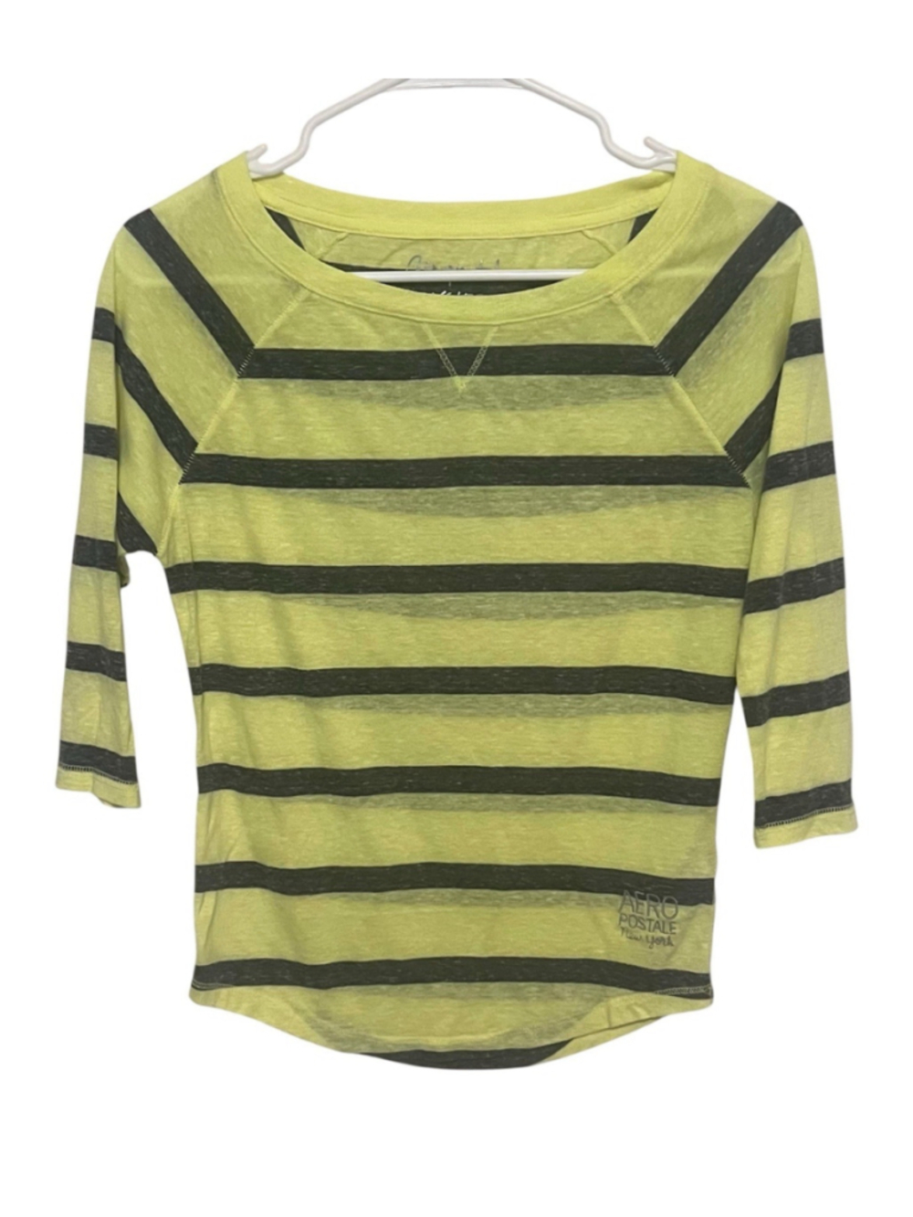 Aeropostale Raglan Striped Y2K Top Women’s XS Yellow Gray Lightweight Logo Tee